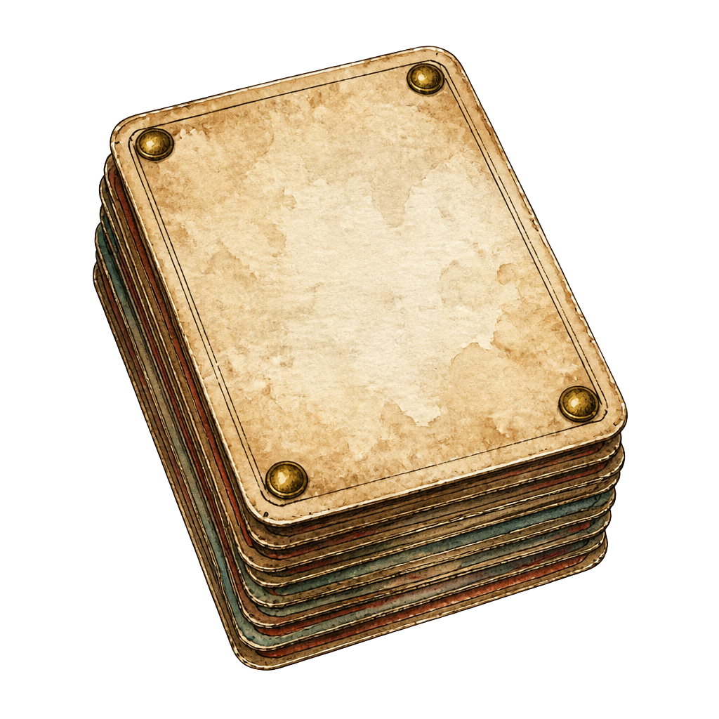 A stack of question cards with brass corner pins