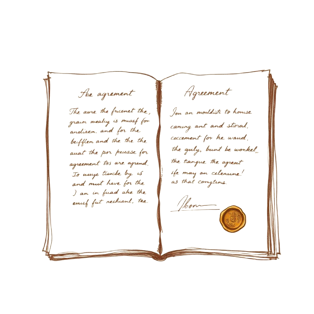 A hand-drawn open book of handwritten agreements with a brass wax seal