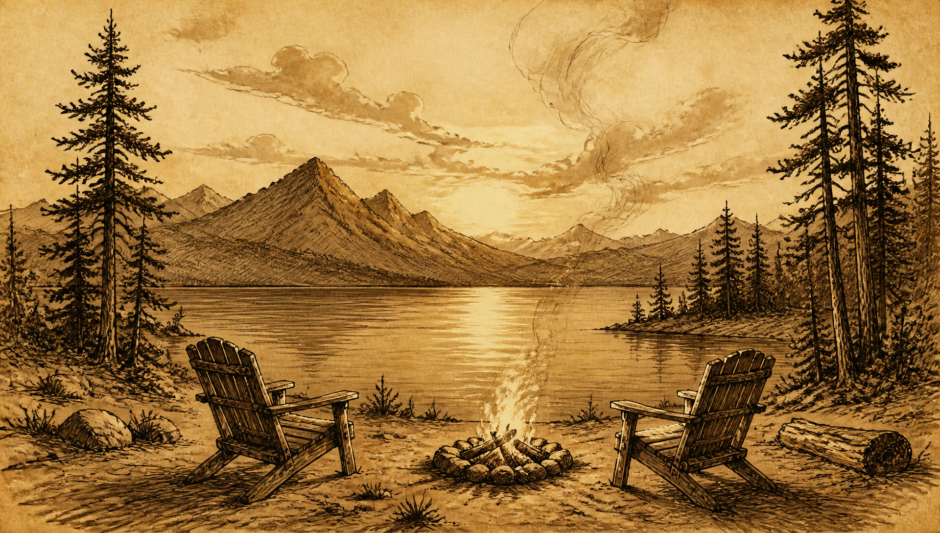 A quiet mountain lake at dusk with two camp chairs beside a small fire