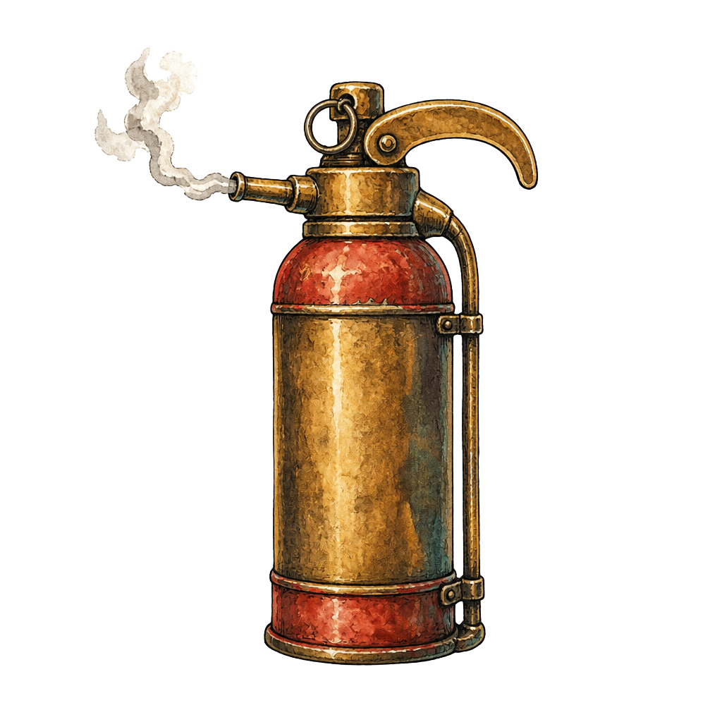 A vintage brass and red fire extinguisher with a curl of smoke