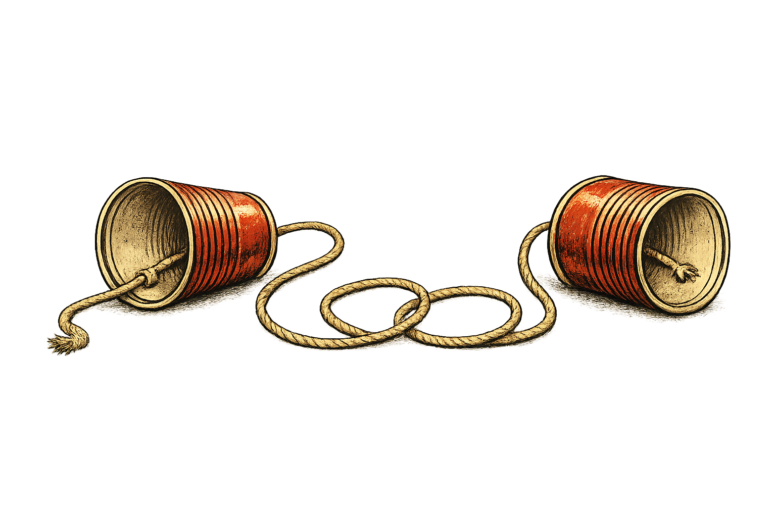 Two tin cans connected by a length of string, sitting on a table.