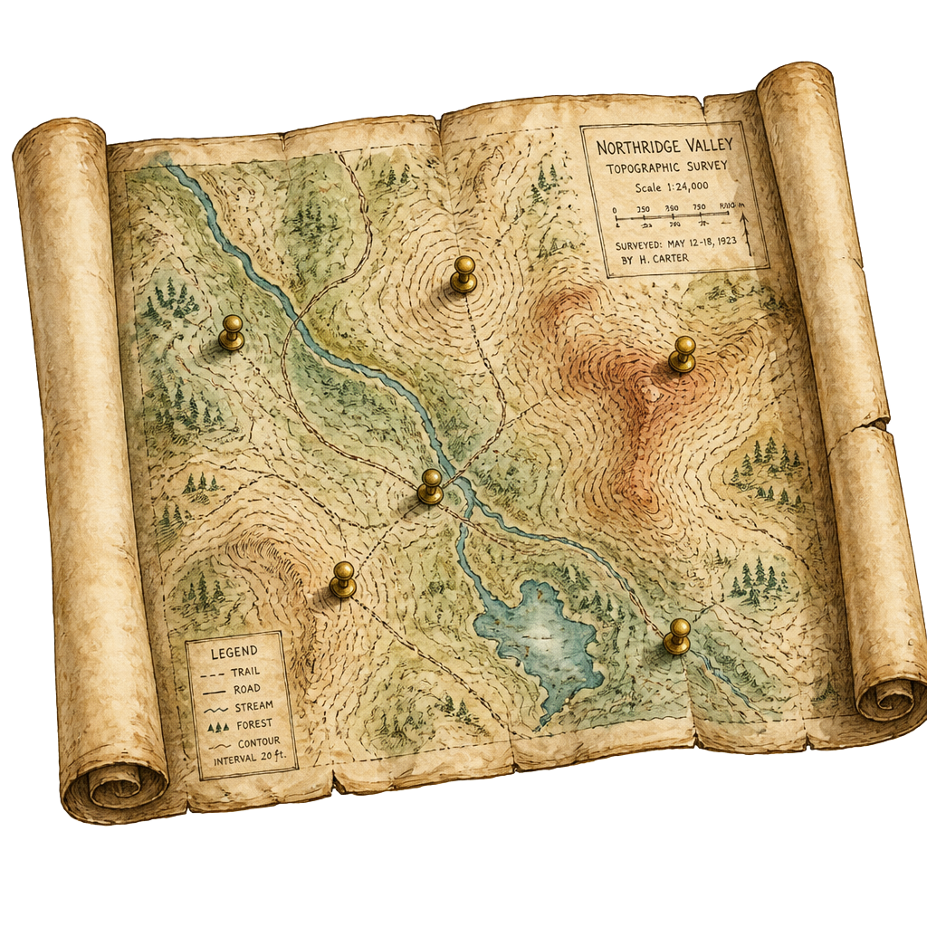 A hand-drawn topographic map marked with brass pins